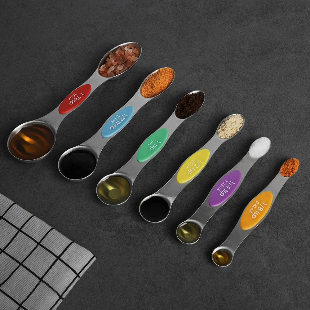 

Magnetic Stainless Steel Measuring Spoons Set of 6, Colourful Dual Sided, Measuring Dry and Liquid Ingredients
