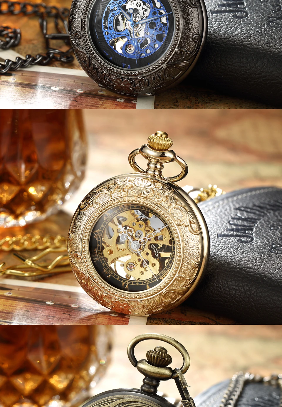 Retro Golden Hollow Skeleton Mechanical Pocket Watch