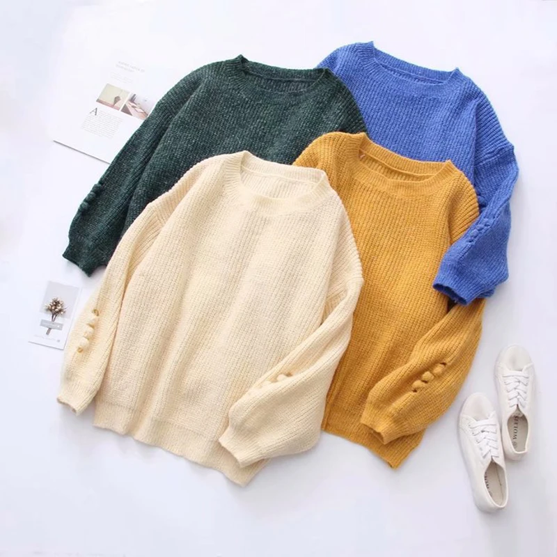

Autumn Women Knitting Sweater Solid Color Casual Loose Cotton Hole Long Sleeves Bottoming Sweater Female Pullovers T562