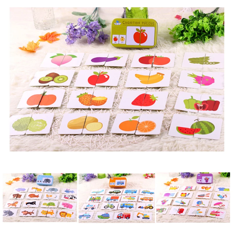 

Baby Kids Cognition Puzzle Toys Toddler Iron Box Cards Matching Game Cognitive Card Vehicl Fruit Animal Life Set Pair Puzzle