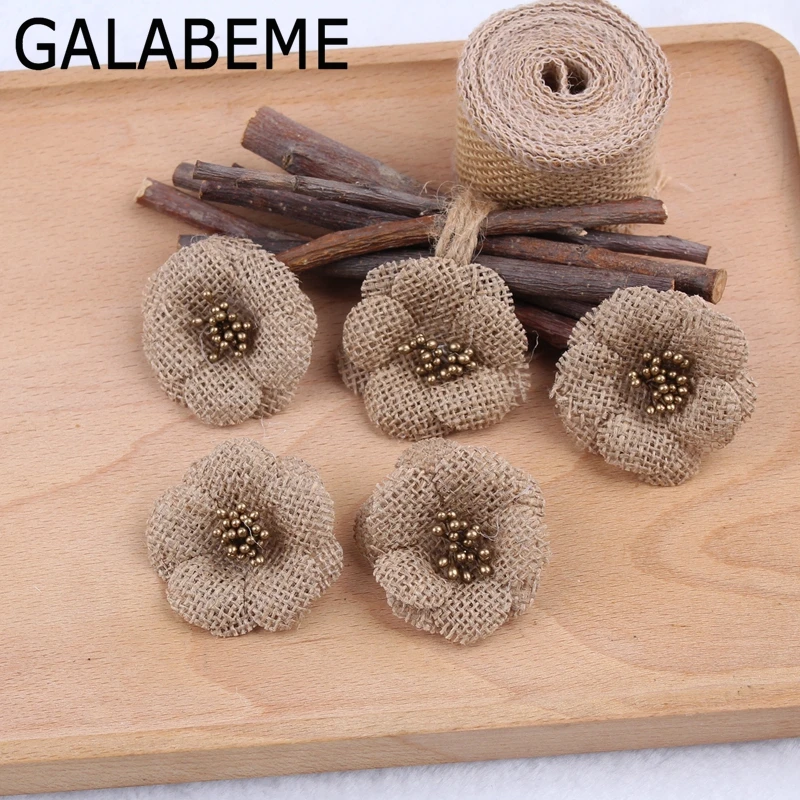 

10pcs diameter 6cm Handmade Natural Jute Burlap Hessian flower DIY craft tea party supplies rustic Wedding Decoration