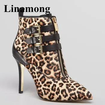 

Winter Leopard Hottest Buckle Strap And Front Zipper Sexy Pointed Toe And Thin High Heel Fashion Shoes Mixes Color Ankle Boots