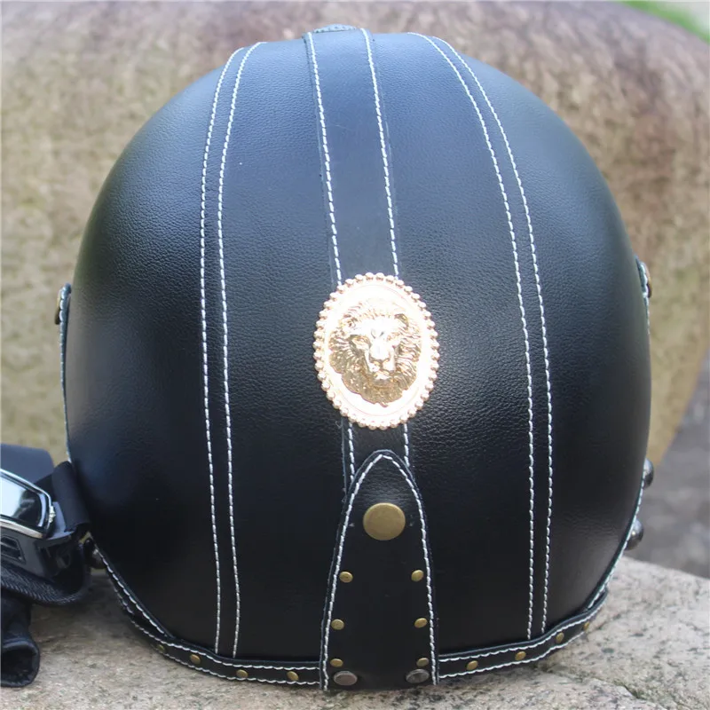 Classic Handmade Crown Leather Harley Motorcycle Helmet Lion Badge