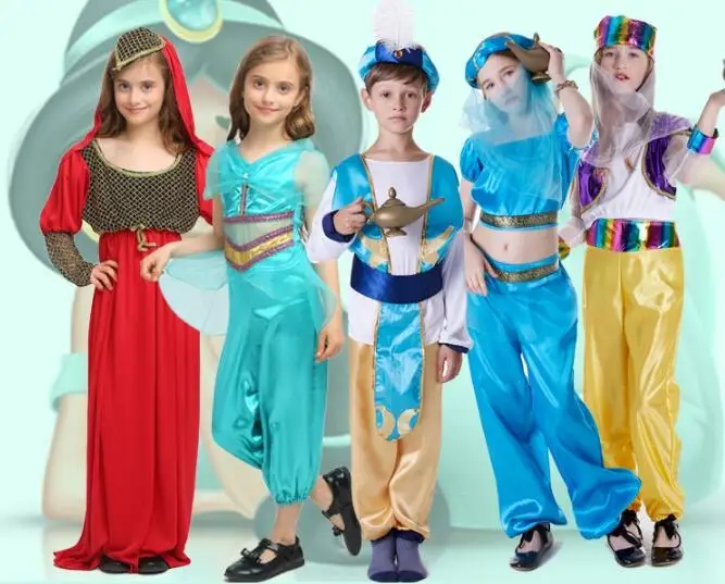 

Newest Adult Kids halloween party Aladdin Lamp genie costume Adam prince Clothes Parent child clothing jasmine princess Dress