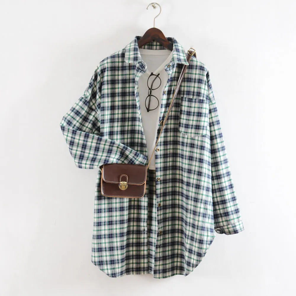  New Arrival Women Oversize Classic Red Plaid Long Blouse Batwing Sleeve Curved Hem Shirt Turn-Down 