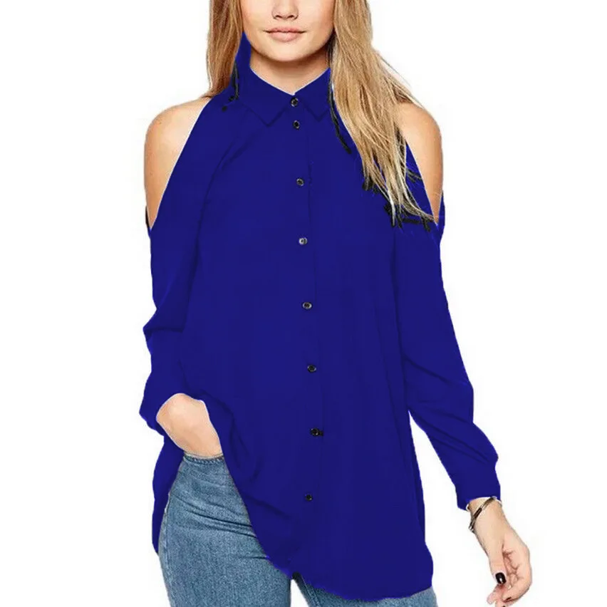 

Long Sleeve Shirt Women 2019 Fashion Off Shoulder Turn Down Collar Chiffon Blouse Plus Size Loose Casual Ladies Tops and Blouses