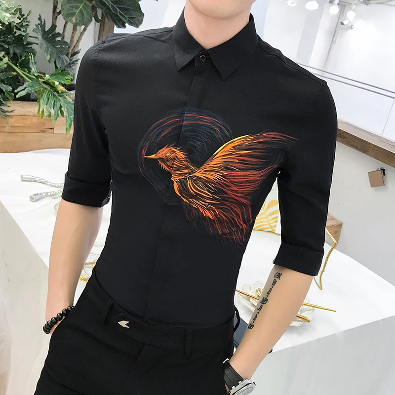 

Fashion Spring Autumn Casual Men Shirt Slim Fit Bird Print Party Club Shirt Half-sleeved Shirts Male Social Masculina Clothes