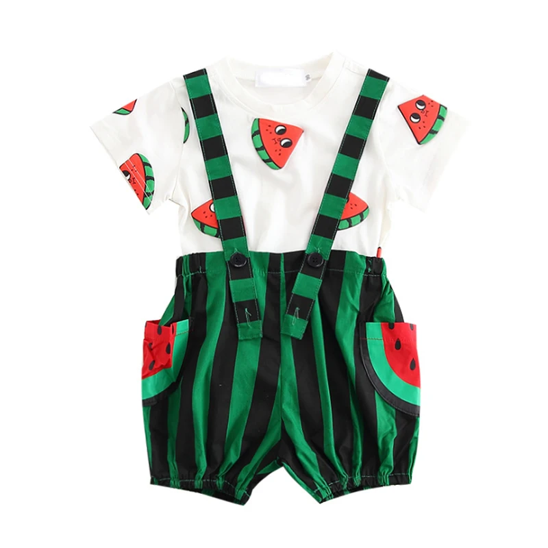 

2019 Summer Style Cartoon Watermelon Cotton Short Sleeve T-shirt + Strap Shorts Baby Girl Boy Clothing Sets Kids Clothes Suits