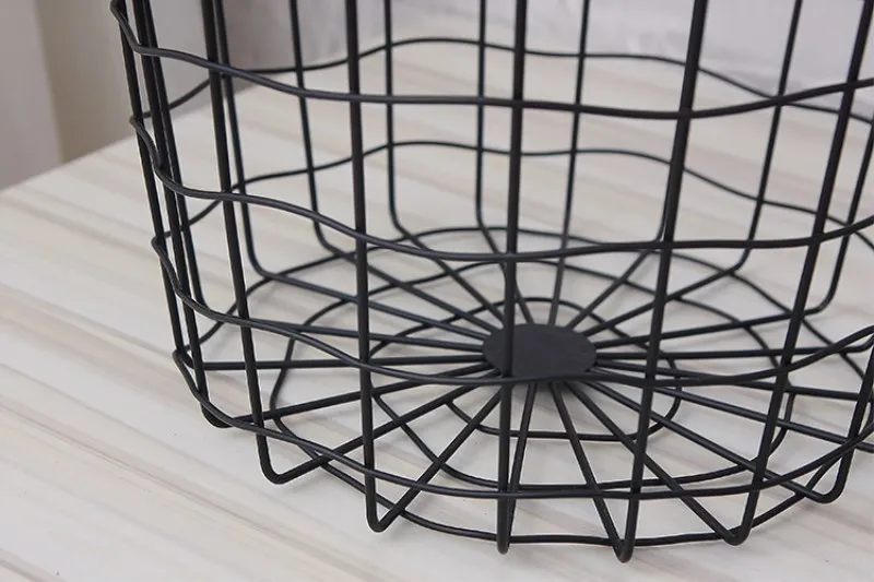 Black Home Storage Basket Geometric Iron Metal Wire Round Tray Magazine Post Flowers Organization Case with Handle