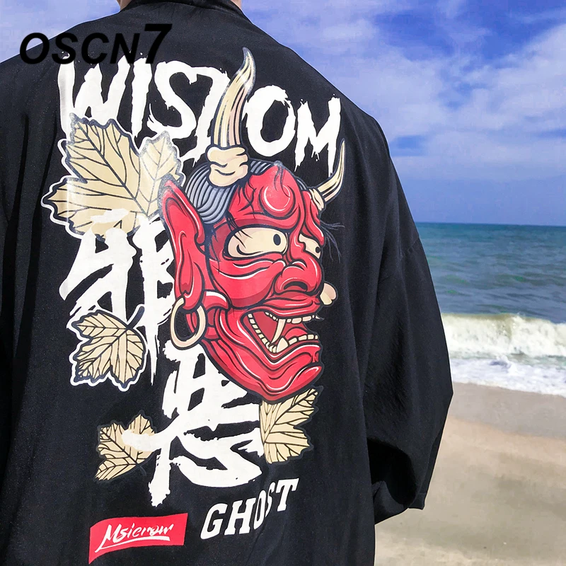 OSCN7 المطبوعة كيمونو سترة قميص الرجال الشارع 2019 كوريا كم الربع الثالث معطف قمصان Harujuku رجل قميص 8836
