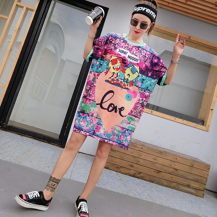 Tailandia marca de marea 2018 moda y creatividad 3D impresión de tamaño mujeres hombro manga camiseta vestido de verano|Camisetas| - AliExpress