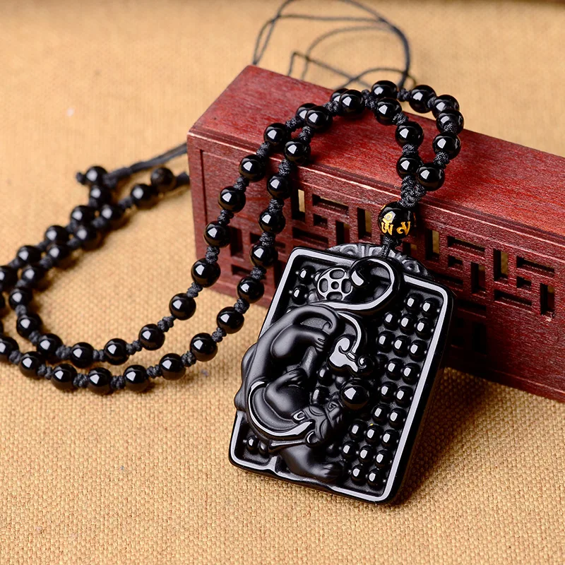 

DropShipping Natural Black Obsidian Pendant Hand Carved Chinese Buddha Lucky Amulet Good Luck Ruyi Fortune Brave Troops Pendant