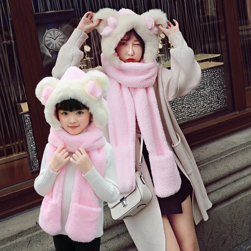 

Mother & Daughter Winter Warm Women Kids Hat Scarf and Glove Comfortable Soft Faux Fur Scarfs Set Family Matching Accessories