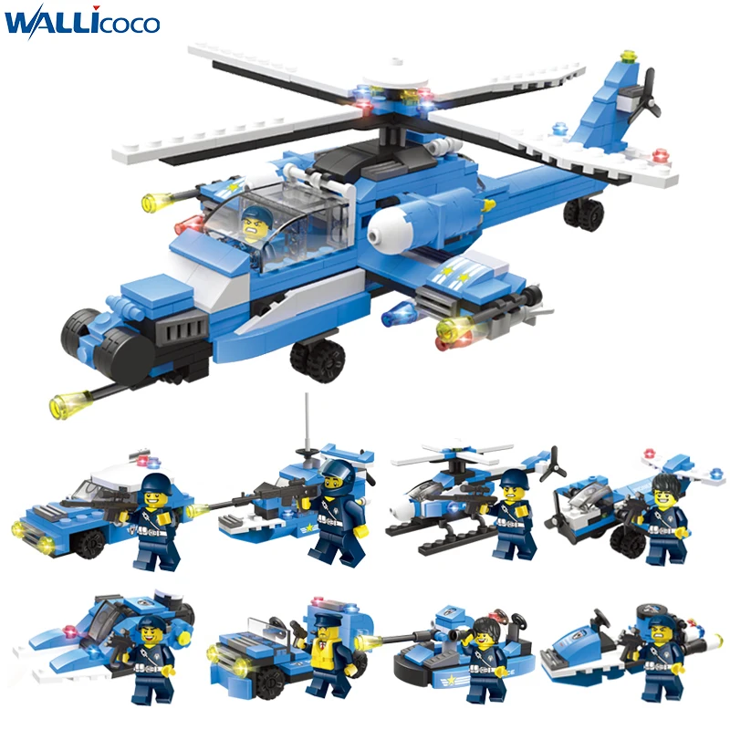 

563pcs 8-in-1 City Police Commando Blocks Children's Assembly Weapons Aircraft Car Robot Toys Compatible with Legoed
