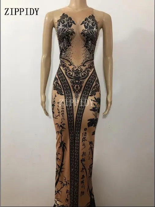 

Fashion Sexy Flower Bamboo Pattern Printed Dress Bright Rhinestones Sexy Long Dress Nightclub Singer Costume Prom Show Clothes
