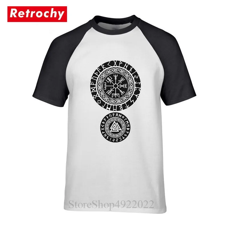 

White Vegvisir and Valknut T Shirt Viking Symbols of Protection Men Cool T-Shirt Viking Old Norse Rune Circle With Odin's Tshirt