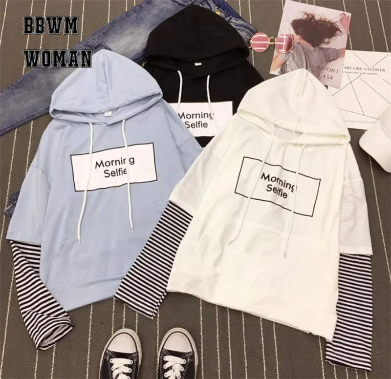 

2018 Spring New Korean Long Sleeved Women T Shirt Striped One Hat Hoodie Two Letter Thin Casual Girl T Shirts Tees Top ZO20