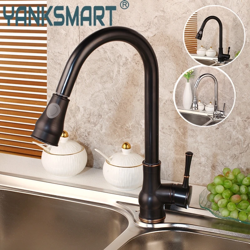YANKSMART Black Kitchen Faucet Pull Out Kitchen Tap Silver Black Single