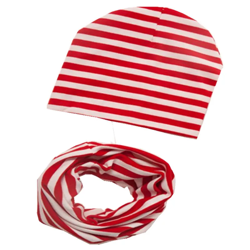 red stripe hat set Г. Весенний Детский комплект с шапкой, осенне-зимний шарф с воротником для мальчиков и девочек, теплый шейный платок, детские вязаные шапки, комплекты хлопковая детская шапка, шарф - Цвет: red stripe hat set