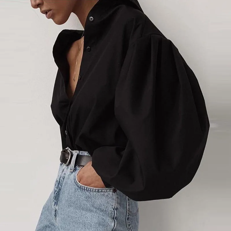  Fashion Lantern Sleeve Women Casual Shirt Blouse Solid Black Long Sleeve Camisas Mujer Streetwear L