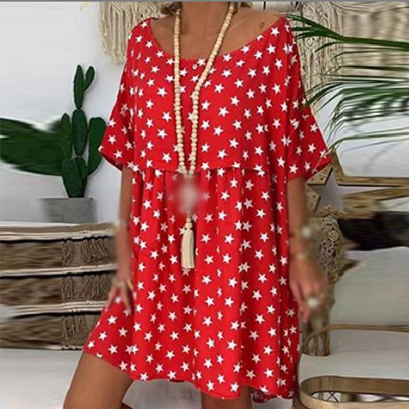 Прямое мини-платье женское летнее повседневное свободное платье с принтом звезды M~ 2XL с круглым вырезом и коротким рукавом пляжные женские праздничные короткие платья
