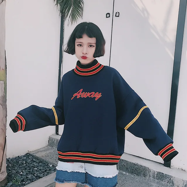  Ulzzang Women Hoodies Sweatshirts 2019 Autumn Korean Style Harajuku Letter Printed Fleece Turtlenec