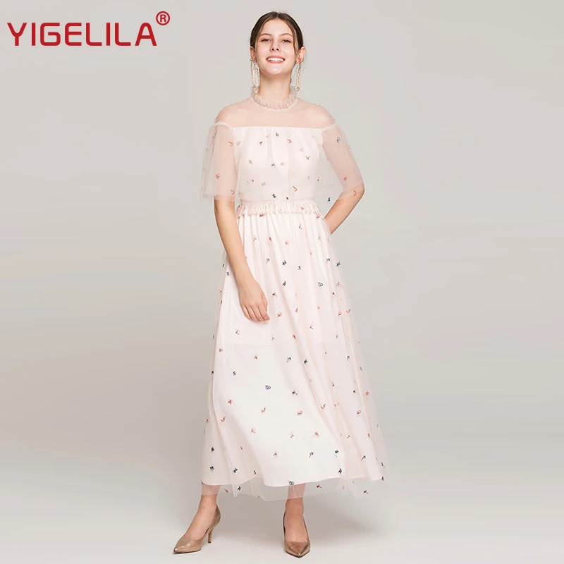 

YIGELILA 2019 Summer Women Long Dress Fashion O-neck Cloak Sleeve Empire Slim Floor Length Mesh Embroidery Party Dress 63783