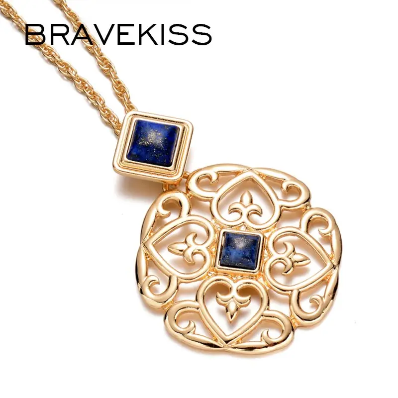 

BRAVEKISS Vintage Gold Color Pendant Necklaces Natural Stone Alloy Flower Necklace 2019 Unique Charm Women Jewelry Gifts PN0233