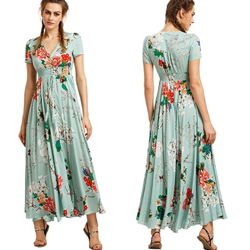 Boho Цветочный Принт Длинное платье Vestidos женское летнее Макси Сарафан сексуальный