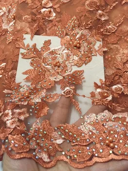 

2019 New African Lace Fabric Peach High Quality 3D Flower French Net Wedding Nigeria Embroidered Beads Rhinestones Party Dress