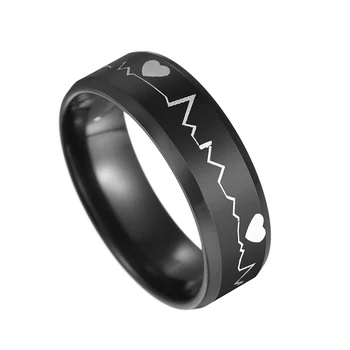

Fashion Stainless Steel Black Ring Momen Romantic Bohemian Electrocardiogram Heart Couple Ring Jewelry for Lovers Wide 8mm