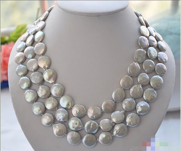 

FREE SHIPPING>>>@@ > P4030 3row 21" 14mm gray coin freshwater pearl necklace^^^@^Noble style Natural Fine jewe &