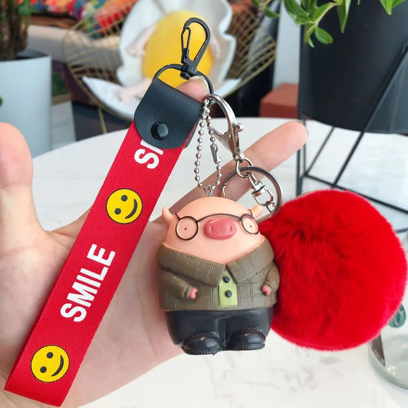 

Cute Charm Pompom Bear Pig Keychain Pendant Women Piglets Key Chain Rings Fluffy Faux Rabbit Fur Ball Keyring Bag Accessories