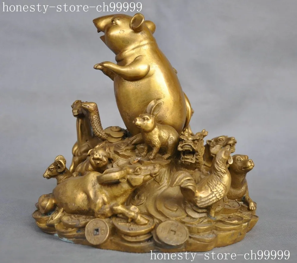 Crafts statue 12 Zodiac Animal Rat Coin Money Yuanbao Bronze Statuein