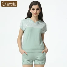 Летние женские повседневные хлопковые Пижамные комплекты, женская футболка с капюшоном и воротником+ шорты, Женская кружевная пижама в стиле пэчворк, костюм XXL