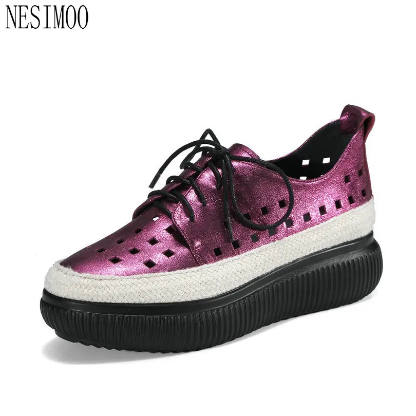 

NESIMOO 2018 Women Pumps Pointed Toe Med Heel Genuine Leather Cut Outs Ladies Casual Shoes Slip on Size 34-39