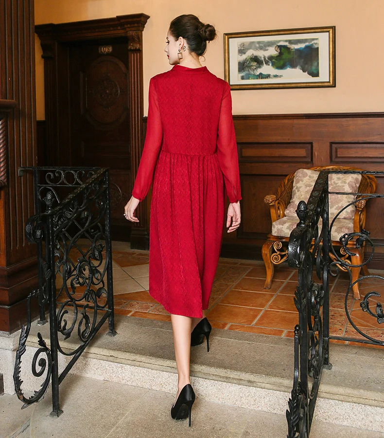 VOA Новое китайское красное шелковое жаккардовое простое платье-рубашка женские вечерние ночные летние платья размера плюс одежда ALA01201