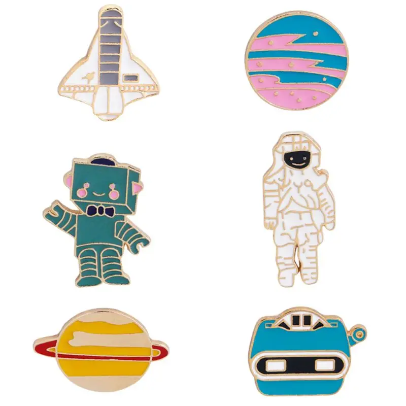 

6-Pack Cute Enamel Lapel Pins Sets Cartoon Aircraft astronaut robot planet Brooches Pin Badges for Clothing Bags Backpacks Jacke