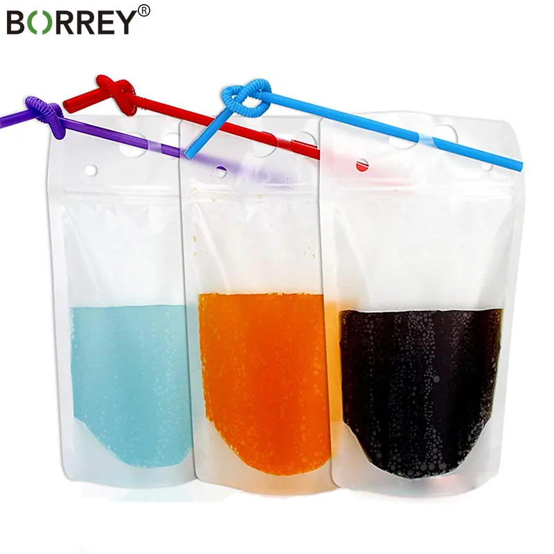 BORREY 100Pcs 600Ml Beverage Bag With Straw Plastic Drink Packaging Bag