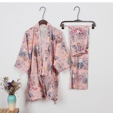 Женское кимоно, хлопковый пижамный комплект, рубашка, штаны, марля, японский стиль, милый кролик/Кот, с рисунком, спортивный костюм, комфортный