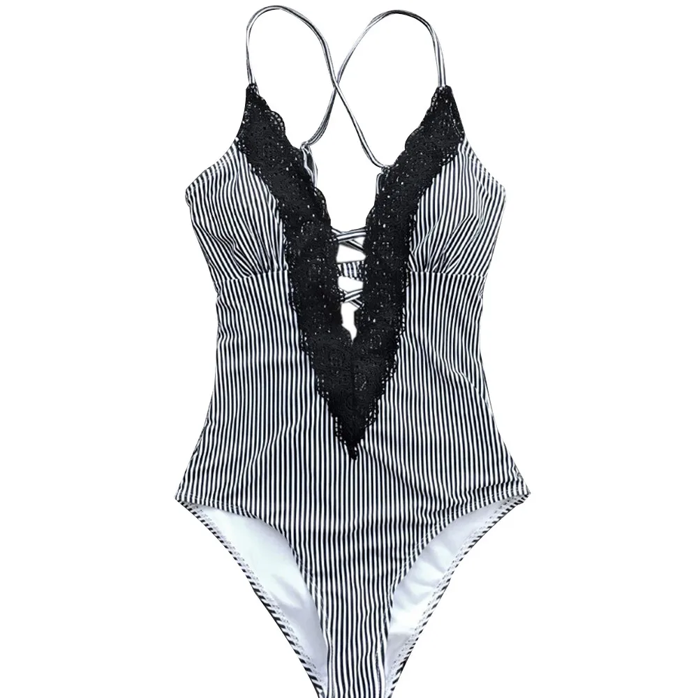 

Body Suits Well Lace One-piece Swimsuit Cutout Deep V neck Sexy Bodysuit 2019 Hot Sale Ladies Beach Bathing Suit Swimwear New