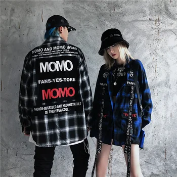 

New Lapel Ribbons Plaid Shirts Mens Long Sleeve Casual Hip Hop Oversize Clothing Letter Print Streetwear Hawaiian Shirt