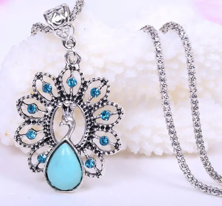 

New SBY1115 Fashion Bohemian chain Chokers chunky statement Blue Stone Peacock Long Chain necklaces 2016 Fine Jewelry