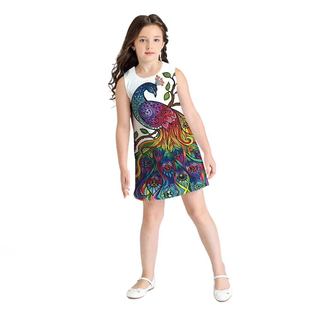 Новые летние модные подростков малышей для детей девочек без рукавов 3D мультфильм печати мультфильм платья Повседневная одежда Z4