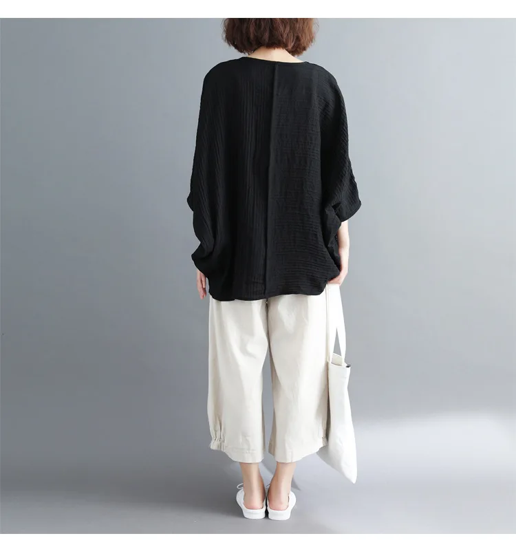  LZJN 2019 New Cotton Linen Soft Wide Leg Women Pants Elastic Waist Solid Color Summer Loose Trouser Plus Size Capris with Pocket (19)