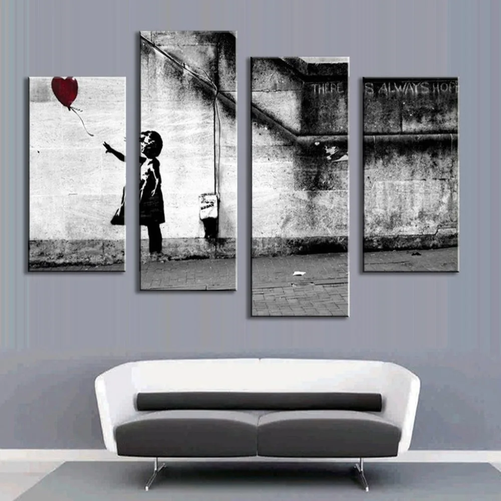 

4 Panels Canvas Print poster There is always hope Girl and red heart balloon Print Painting Picture Modern Home Wall Decoration