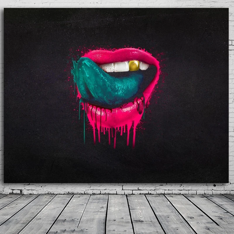 Hand Painted Modern Abstract Green Lips Oil Painting On Canvas Handmade