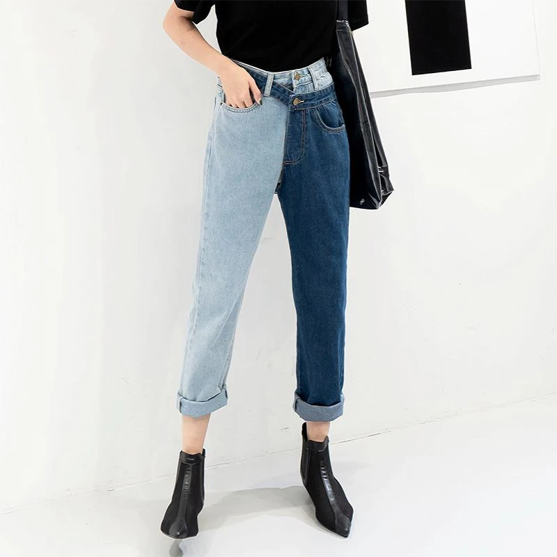

Spring Fashion Female Jeans Hit Colors Patchwork Trousers Streetwear High Waist Fake Two Piece Woman Jeans Straight Pants