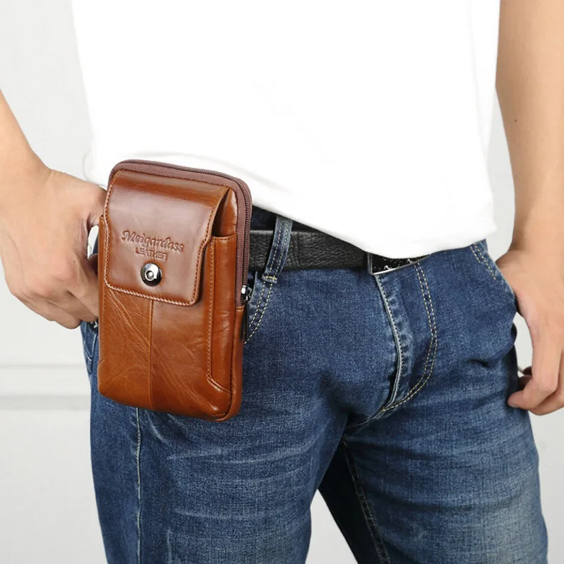 2018 Men's Vintage Cowhide Leather Snaps Hook Shoulder Messenger Fanny