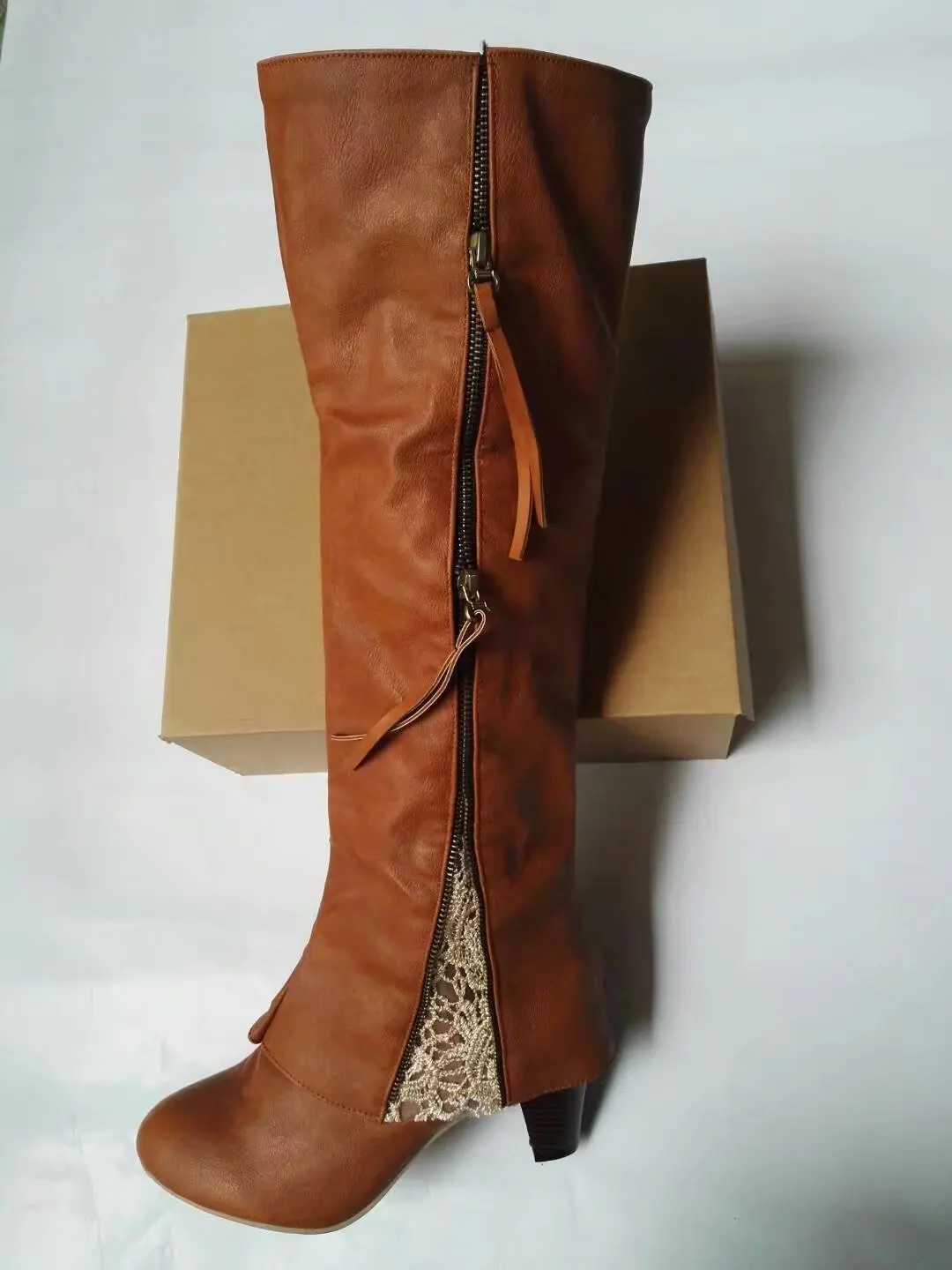 SWONCO/женские высокие сапоги, большой размер 43, модные женские сапоги из искусственной кожи на молнии женские осенние сапоги до колена на низком каблуке Женская обувь - Цвет: Brown